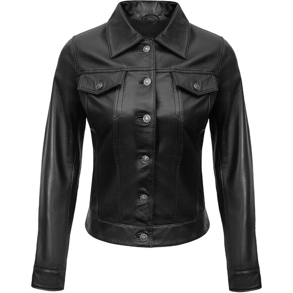 Women's Real Lambskin Outwear Jackets Stylish Turn Down Collar Black Trucker - Picture 3 of 5